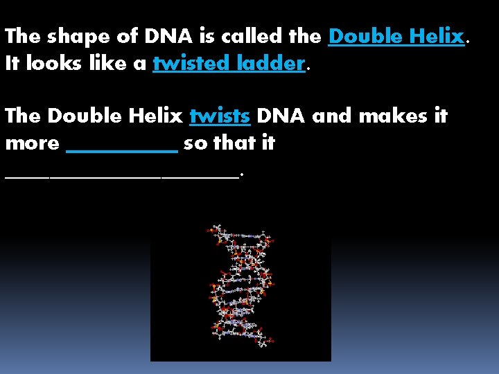 The shape of DNA is called the Double Helix. It looks like a twisted