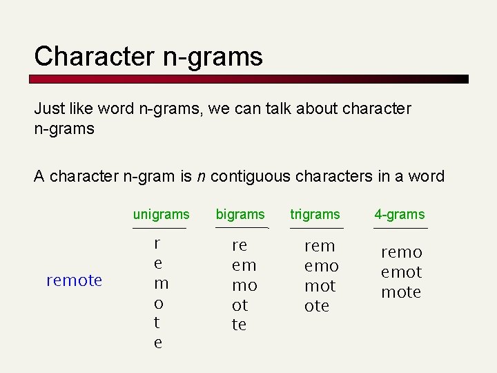 Character n-grams Just like word n-grams, we can talk about character n-grams A character