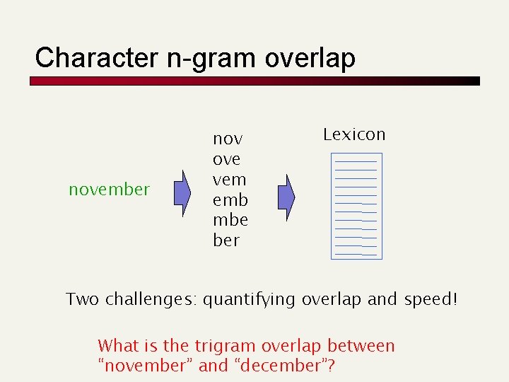 Character n-gram overlap november nov ove vem emb mbe ber Lexicon Two challenges: quantifying