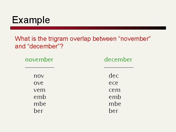 Example What is the trigram overlap between “november” and “december”? november nov ove vem