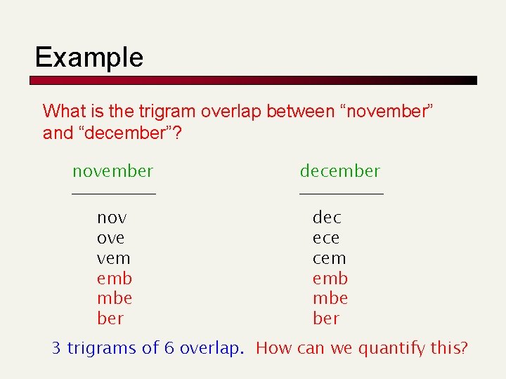 Example What is the trigram overlap between “november” and “december”? november nov ove vem