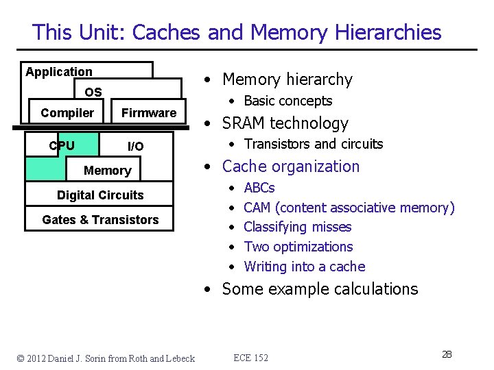 This Unit: Caches and Memory Hierarchies Application • Memory hierarchy OS Compiler CPU Firmware