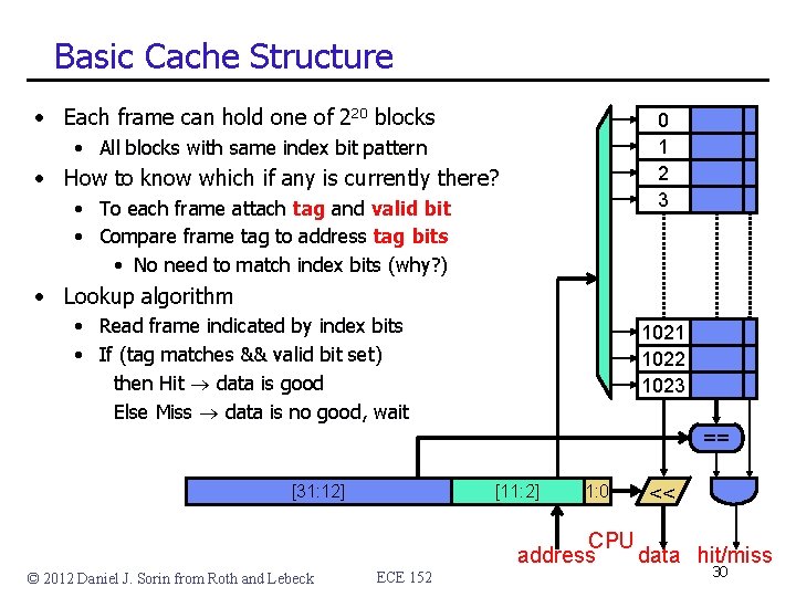 Basic Cache Structure • Each frame can hold one of 220 blocks 0 1