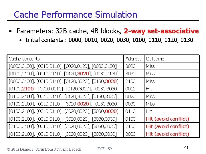 Cache Performance Simulation • Parameters: 32 B cache, 4 B blocks, 2 -way set-associative