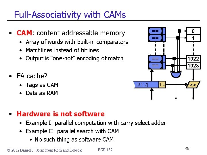 Full-Associativity with CAMs • CAM: content addressable memory • Array of words with built-in