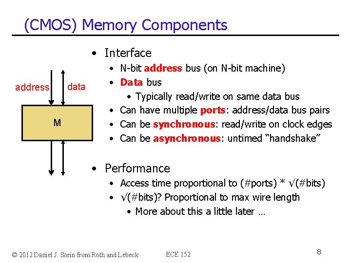 (CMOS) Memory Components • Interface data address M • N-bit address bus (on N-bit