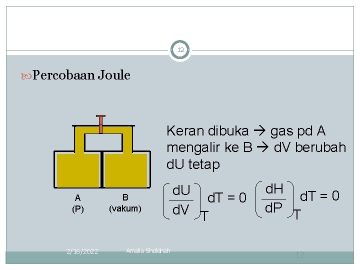 12 Percobaan Joule Keran dibuka gas pd A mengalir ke B d. V berubah