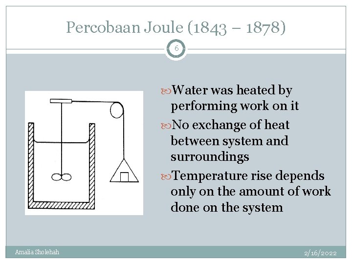 Percobaan Joule (1843 – 1878) 6 Water was heated by performing work on it