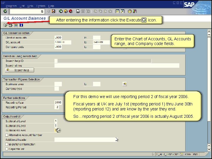 After entering the information click the Execute icon. Enter the Chart of Accounts, GL