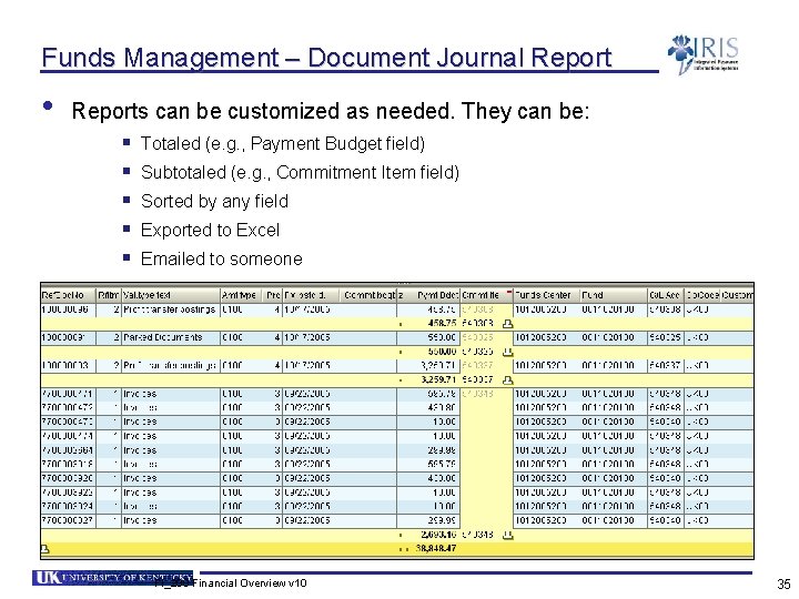 Funds Management – Document Journal Report • Reports can be customized as needed. They