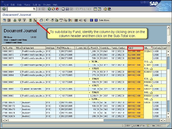 To sub-total by Fund, identify the column by clicking once on the column header