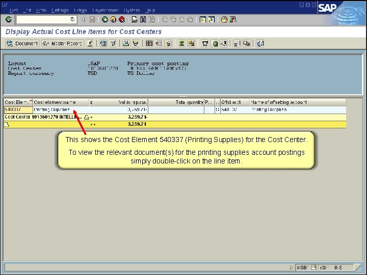 This shows the Cost Element 540337 (Printing Supplies) for the Cost Center. To view