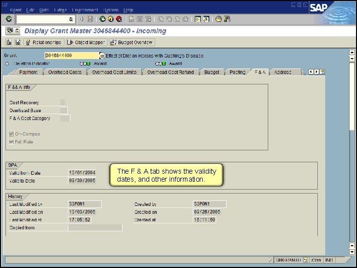 The F & A tab shows the validity dates, and other information. 