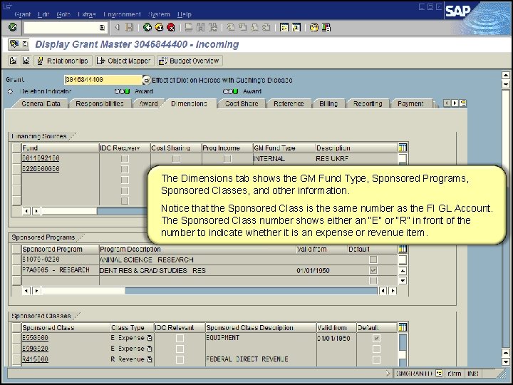 The Dimensions tab shows the GM Fund Type, Sponsored Programs, Sponsored Classes, and other