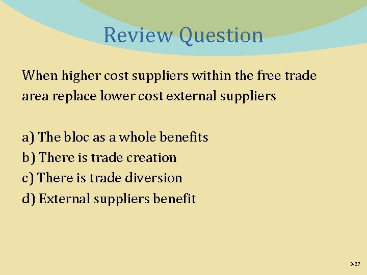 Review Question When higher cost suppliers within the free trade area replace lower cost