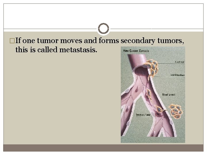 �If one tumor moves and forms secondary tumors, this is called metastasis. 