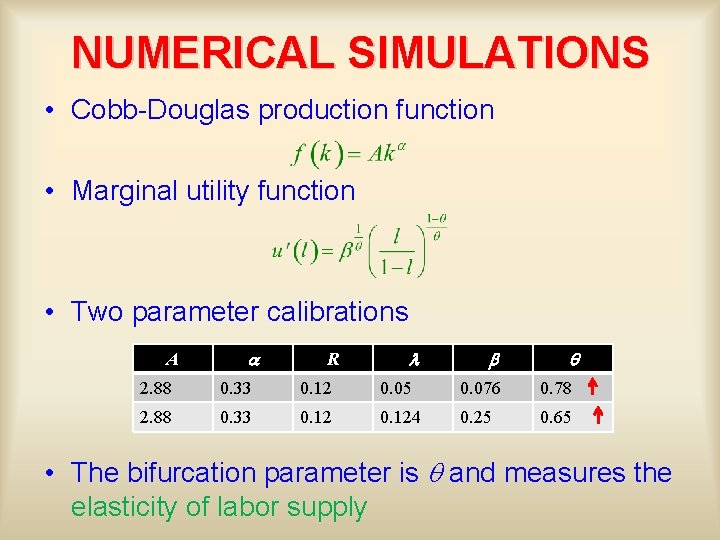 NUMERICAL SIMULATIONS • Cobb-Douglas production function • Marginal utility function • Two parameter calibrations