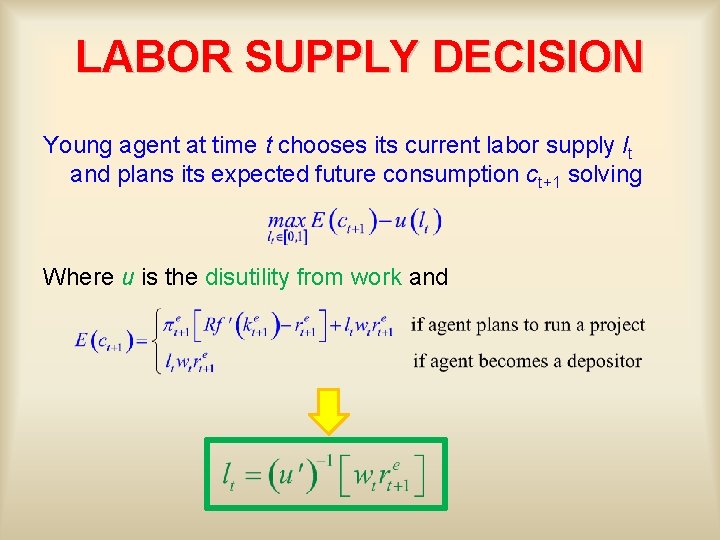 LABOR SUPPLY DECISION Young agent at time t chooses its current labor supply lt