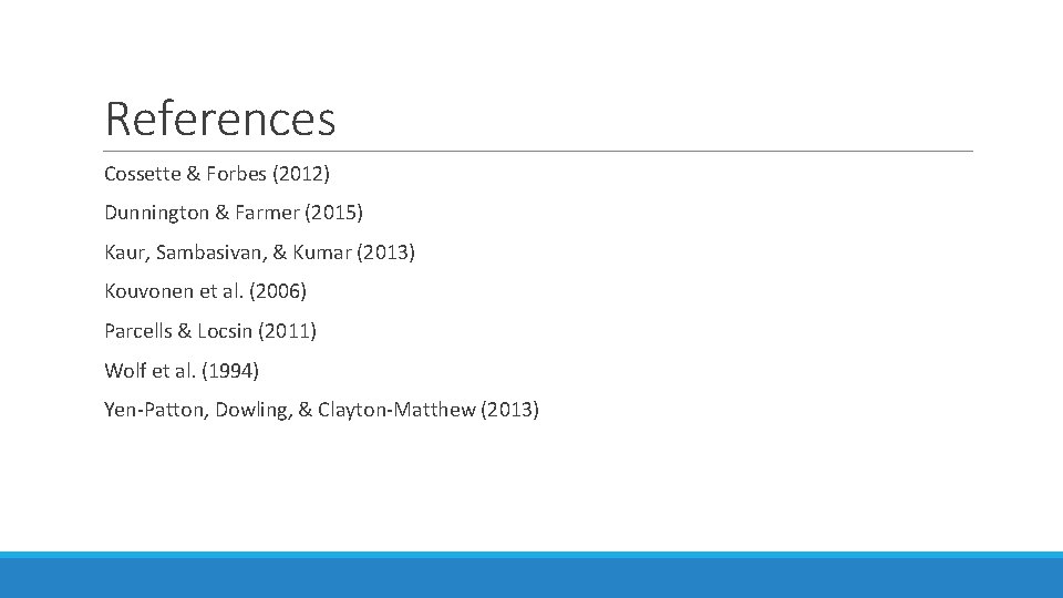 References Cossette & Forbes (2012) Dunnington & Farmer (2015) Kaur, Sambasivan, & Kumar (2013)