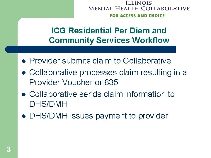 ICG Residential Per Diem and Community Services Workflow l l 3 Provider submits claim