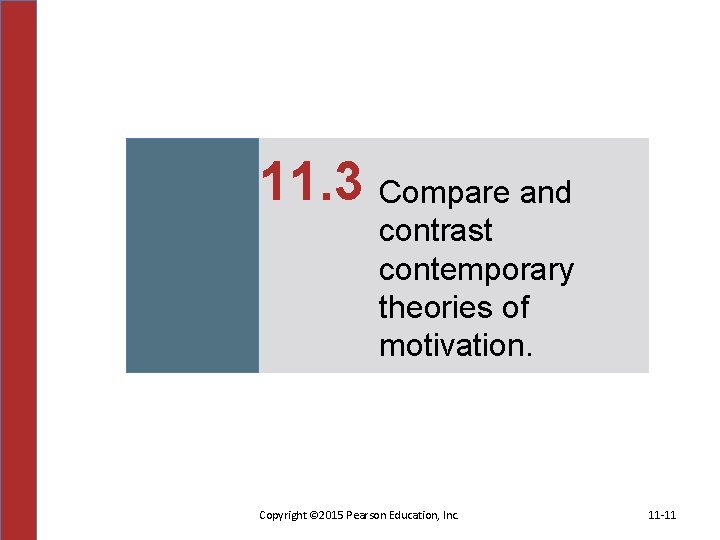 11. 3 Compare and contrast contemporary theories of motivation. Copyright © 2015 Pearson Education,