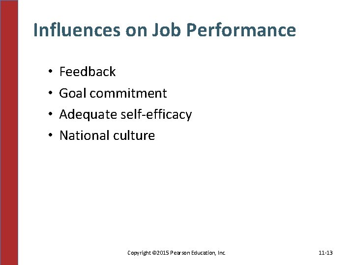 Influences on Job Performance • • Feedback Goal commitment Adequate self-efficacy National culture Copyright