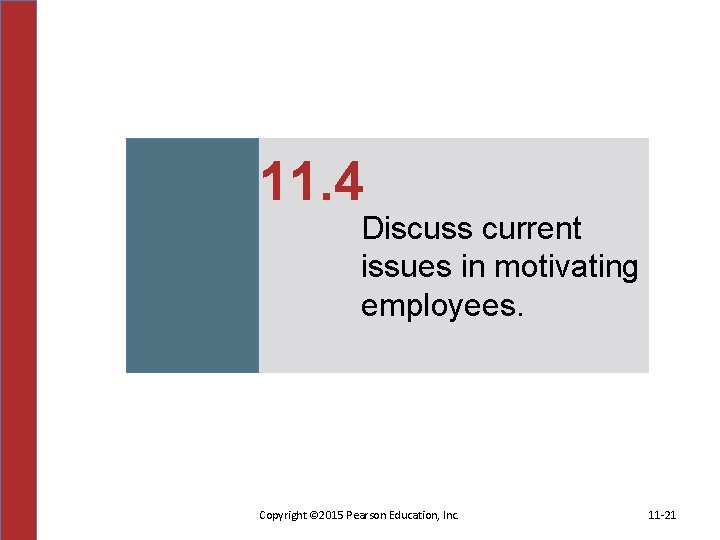 11. 4 Discuss current issues in motivating employees. Copyright © 2015 Pearson Education, Inc.