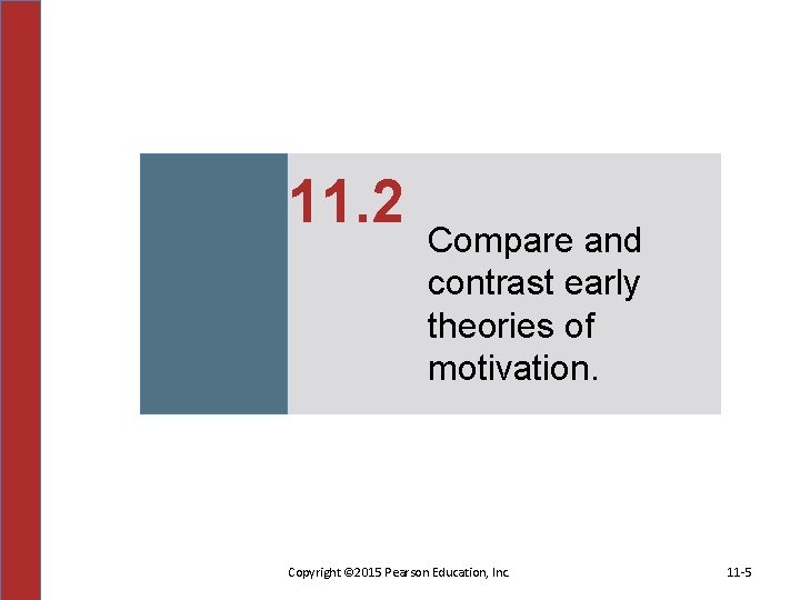 11. 2 Compare and contrast early theories of motivation. Copyright © 2015 Pearson Education,