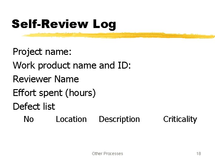 Self-Review Log Project name: Work product name and ID: Reviewer Name Effort spent (hours)