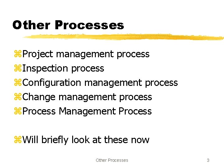 Other Processes z. Project management process z. Inspection process z. Configuration management process z.