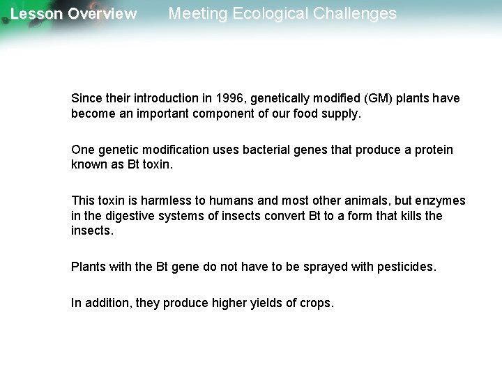 Lesson Overview Meeting Ecological Challenges GM Crops Since their introduction in 1996, genetically modified
