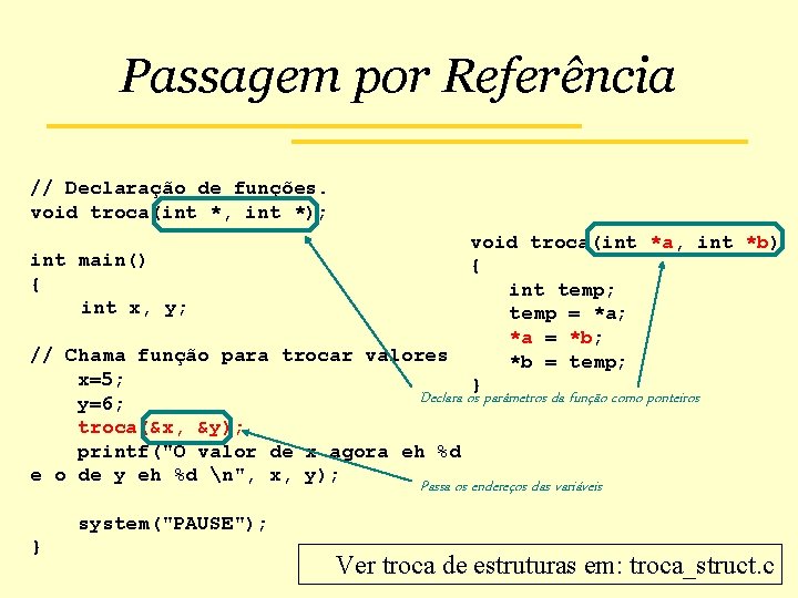 Passagem por Referência // Declaração de funções. void troca(int *, int *); int main()