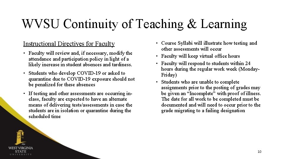WVSU Continuity of Teaching & Learning Instructional Directives for Faculty • Faculty will review WVSU Continuity of Teaching & Learning Instructional Directives for Faculty • Faculty will review