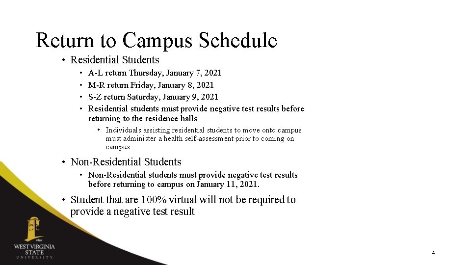 Return to Campus Schedule • Residential Students • • A-L return Thursday, January 7, Return to Campus Schedule • Residential Students • • A-L return Thursday, January 7,