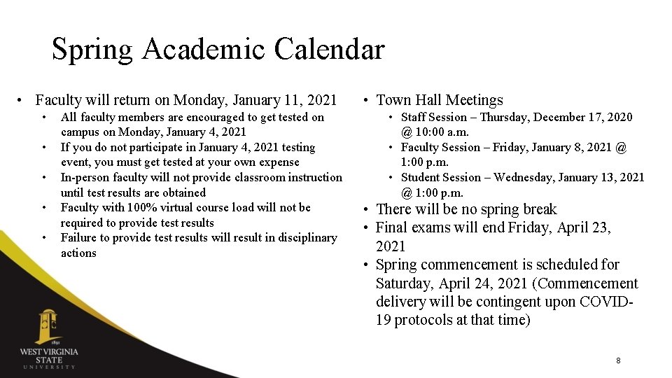 Spring Academic Calendar • Faculty will return on Monday, January 11, 2021 • • Spring Academic Calendar • Faculty will return on Monday, January 11, 2021 • •