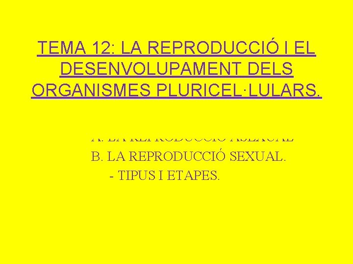 TEMA 12: LA REPRODUCCIÓ I EL DESENVOLUPAMENT DELS ORGANISMES PLURICEL·LULARS. 1. LA REPRODUCCIÓ SEXUAL