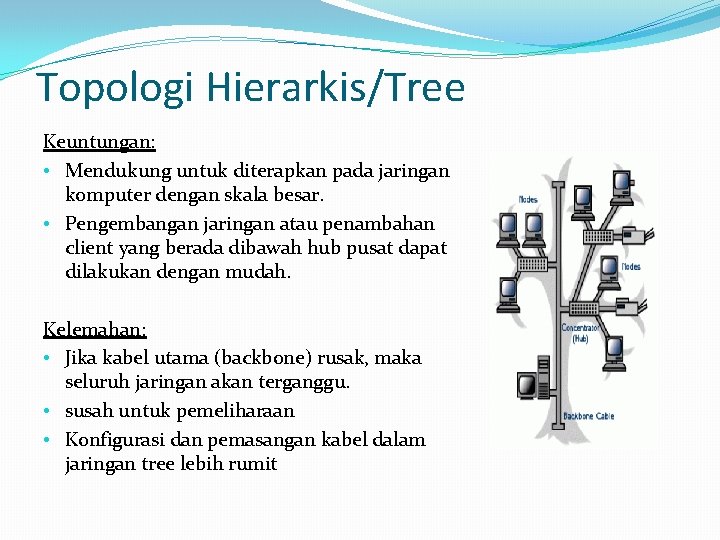 Topologi Hierarkis/Tree Keuntungan: • Mendukung untuk diterapkan pada jaringan komputer dengan skala besar. •