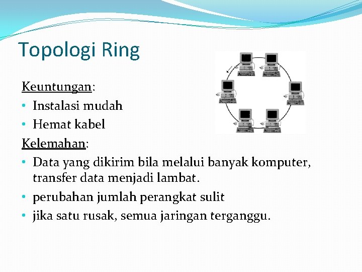 Topologi Ring Keuntungan: • Instalasi mudah • Hemat kabel Kelemahan: • Data yang dikirim