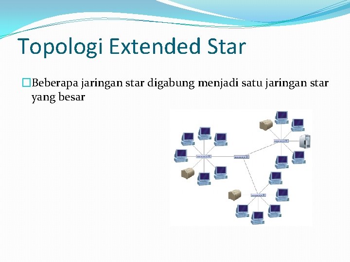 Topologi Extended Star �Beberapa jaringan star digabung menjadi satu jaringan star yang besar 