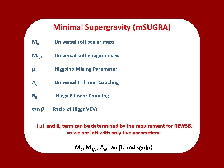 Minimal Supergravity (m. SUGRA) M 0 Universal soft scalar mass M 1/2 Universal soft