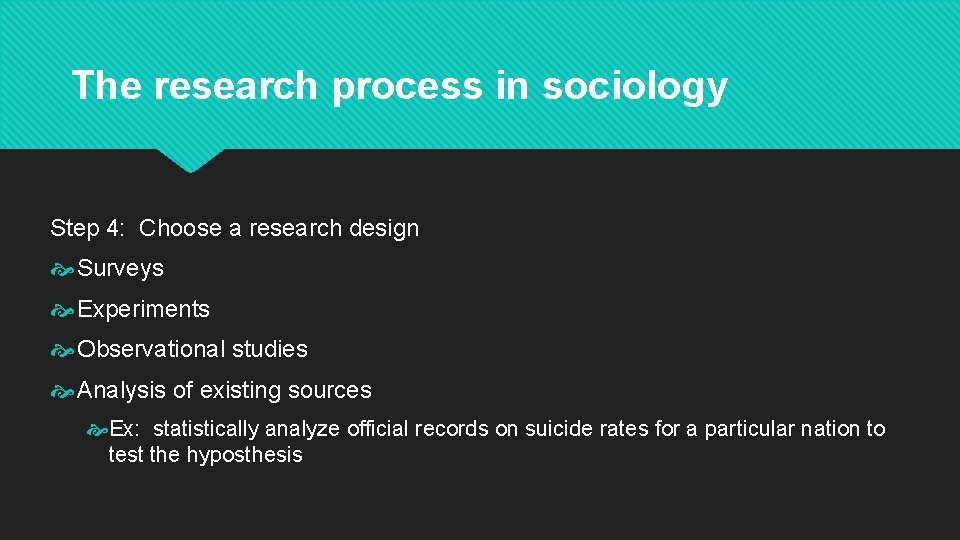 The research process in sociology Step 4: Choose a research design Surveys Experiments Observational