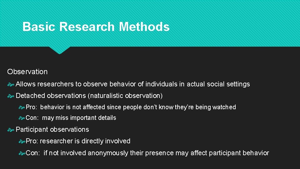 Basic Research Methods Observation Allows researchers to observe behavior of individuals in actual social