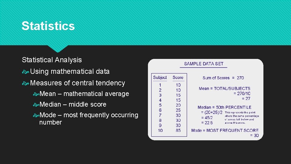 Statistics Statistical Analysis Using mathematical data Measures of central tendency Mean – mathematical average