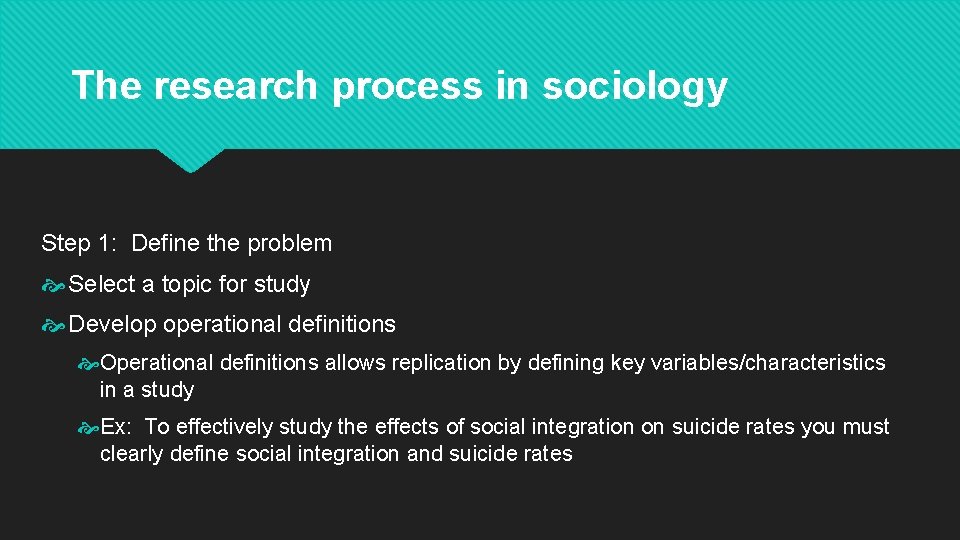 The research process in sociology Step 1: Define the problem Select a topic for