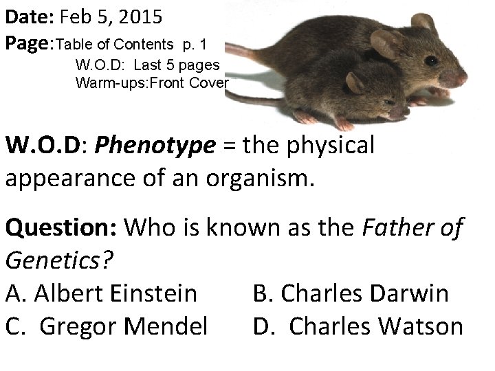 Date: Feb 5, 2015 Page: Table of Contents p. 1 W. O. D: Last