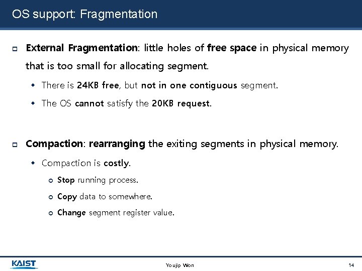 OS support: Fragmentation External Fragmentation: little holes of free space in physical memory that