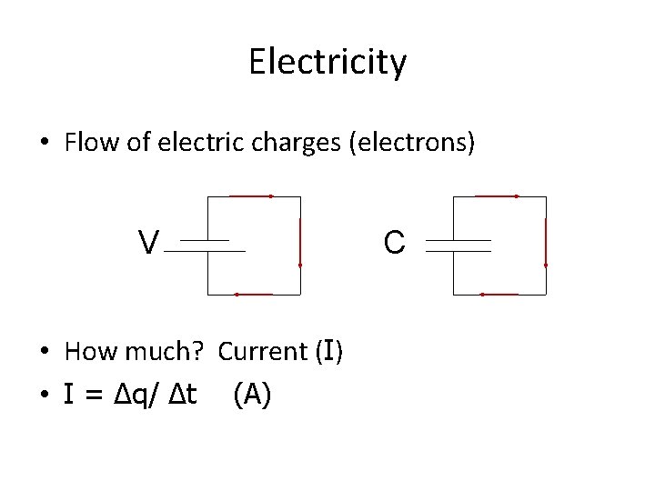 Electricity • Flow of electric charges (electrons) V • How much? Current (I) •