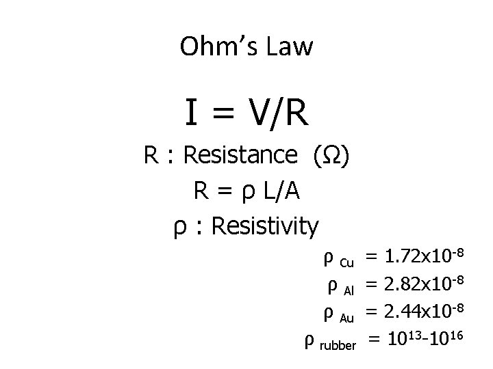 Ohm’s Law I = V/R R : Resistance (Ω) R = ρ L/A ρ