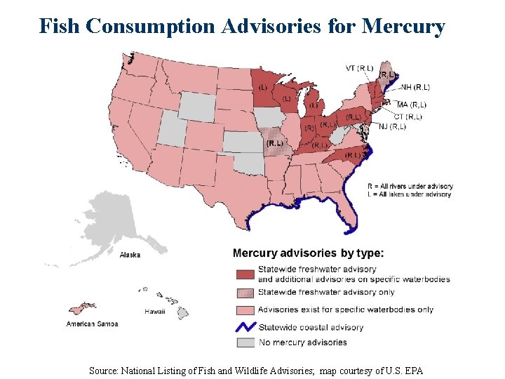 Fish Consumption Advisories for Mercury Source: National Listing of Fish and Wildlife Advisories; map