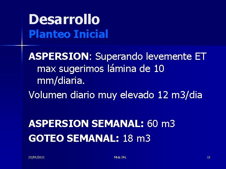 Desarrollo Planteo Inicial ASPERSION: Superando levemente ET max sugerimos lámina de 10 mm/diaria. Volumen